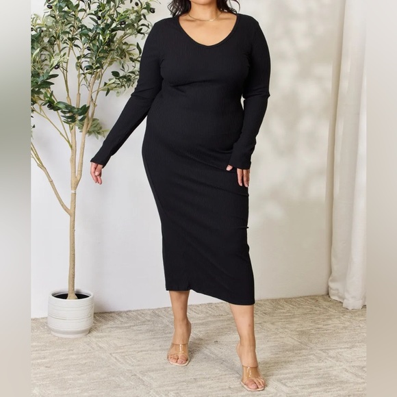 NEW Culture Code PLUS + REG Size Ribbed Long Sleeve Slit Hem Midi Dress - Picture 3 of 13
